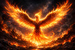 © Malik - Majestic mythical fire phoenix bird rising from flames with vibrant glowing orange and yellow wing
