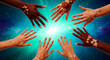 © LEFÈVRE ANTOINE JULI - Hands with vitiligo reaching towards a light in space. Diverse group showing skin pigmentation variation in unity. Inclusion and skin health awareness concept for community and empowerment.