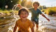 © Anna - Two young boys laughing and splashing in a river. Happy children playing in water during golden hour. Summer childhood fun and outdoor adventure