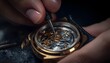 © rohmat - Watchmaker hands adjusting internal clockwork mechanism in workshop with macro focus and cinematic lighting for luxury horology marketing