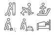 © Abstract - behavior and action icon set with man pushing, man and dog, man sweeping, laying in bed signs in flat outline style