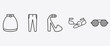 © Abstract - clothes and outfit icon set with slim fit pants, platform sandals, ballets flats, shutter sunglasses signs in flat outline style