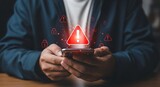 Man holding smartphone with warning signs and lock floating above screen lock security alert cybersecurity
