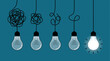 © Dharma - Vector graphic depicting a progression of five hanging light bulbs with wires from tangled to straightened, Symbolizing idea generation and a clear problem-solving process