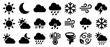 © Vladislav - Large collection of black weather icons representing various meteorological conditions like sun, rain, snow, wind, and thunderstorms in a simple glyph style for forecast interfaces