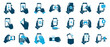 © Vladislav - Large collection of blue vector icons showing hands holding and using smartphones for various tasks like communication, payment, gaming, and charging in a flat design style