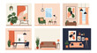 © Jannat - Beautiful set of modern interior design concepts for different rooms featuring stylish furniture, plants, and wall art.