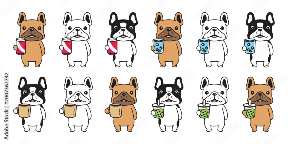 french bulldog dog vector cartoon character drink coffee boba milk tea ...