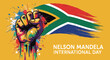 © Rawzatun - Nelson Mandela International Day vector illustration featuring a raised fist with colorful paint splatters and South African flag brushstroke on yellow background