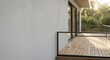 © a-street-ball - Modern wooden deck terrace with minimal empty composition, clean architectural design, and large copy space for text. Warm golden hour sunlight.