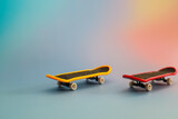 Two small toy skateboards in yellow and red stand on a smooth surface against a soft gradient background.