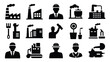 © Mausumi - Set of 15 labor day black silhouettes icons featuring industry workers tools and machinery on white background