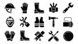 © Mausumi - Set of 15 labor day icons including helmets tools and work boots for industrial and construction themes