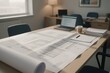 © Michael - A detailed architectural blueprint is laid out on a wooden table in an office setting with natural light and modern furniture.