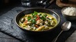 © Morepic - Fragrant Thai green curry with chicken, baby corn, and eggplant in a ceramic bowl, garnished with herbs and chili, served with steamed white rice.