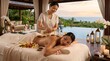 © SRD - Serene spa experience with a masseuse applying hot stones to a woman's back by a luxurious infinity pool overlooking a tropical ocean view at sunset