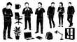 © Imsuniyah - Black and white illustration of diverse business professionals in office and casual attire, with office furniture and accessories.
