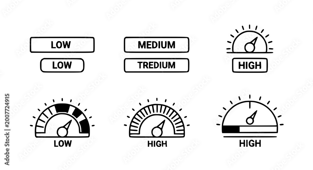 Risk level meter and speedometer vector icon set featuring low, medium ...
