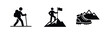 © Lili - Minimalist black hiking icons including a backpacker, a climber on a mountain summit with a flag, and a hiking boot with peaks on white background.
