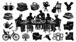 © 21graphic - Vintage Engraving Style Black and White Illustrations of Family Life, Hobbies, Education, and Home Leisure.