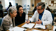 © logonv - Male doctor talking to an elderly woman and a young woman in a clinic office. Physician explaining medical diagnosis and treatment plan to family member. Healthcare consultation concept.