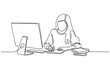 © Stockline - Minimalist continuous line drawing of a woman working on a computer and writing notes at desk with line art single one remote work at home computer minimalist workspace education