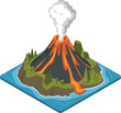 © MD - Isometric illustration of an erupting volcano on a tropical island with flowing lava, smoke clouds, and surrounding forest landscape in flat design.