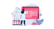 © Muqtadir - Scientist marks important dates and tasks on a giant pink wall calendar in a laboratory filled with colorful chemicals.