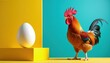 © miss irine - Rooster beside white egg on yellow cube. Colorful fowl stands on yellow surface. Teal background presents question of origins. Life cycle concept. Farm animal choice.
