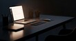 © MDHASANUR - Modern minimalist desk setup with illuminated laptop, keyboard, mouse, plant, and stationery, ideal for work, study, or home office ambiance, dark background.
