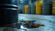 © miss irine - Metal barrels stored inside building with oil spills on floor. Hazardous waste containers with leaks and contamination risk. Industrial site danger, pollution, and cleanup concept.