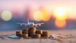 © tashechka - Model airplane on a stack of coins at sunset creating a travel concept