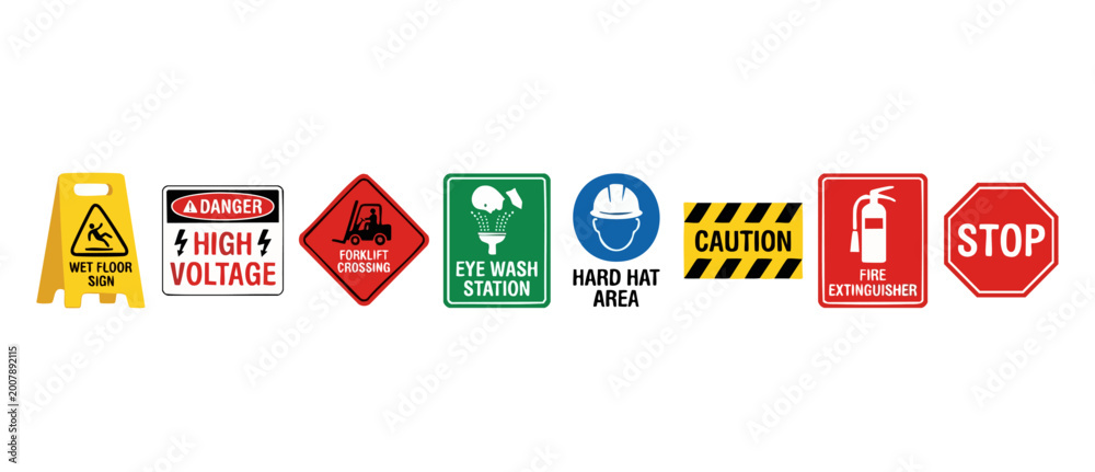Industrial Safety Signs Set, Workplace Hazard Warning Symbols and ...