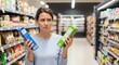 © Ai World - Female shopper compares products in grocery store aisle deciding on purchase with thoughtful expression