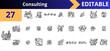 © business & UI design - Business consulting outline icons set. strategy planning, analytics growth, leadership coaching, finance management, legal advisory, teamwork process, startup success