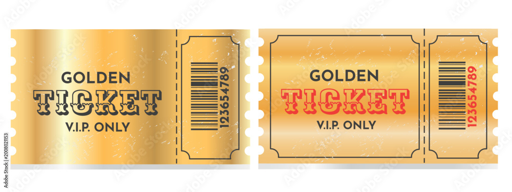 Set of golden VIP tickets with barcode and vintage typography. Luxury ...
