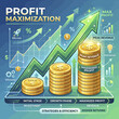 © NANIK - Conceptual illustration of profit maximization featuring gold coin stacks and an upward growth trend arrow.