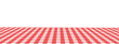© vikusha_art - Picnic or kitchen table surface with checkered red and white tabletop in perspective view. Italian pizzeria cafe or restaurant wallpaper. Breakfast or dinner background. Vector flat illustration.