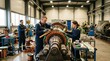 © DigitalSpace - Skilled workers performing detailed repair work on generator rotors replacing insulation and rewinding coils to restore functionality in a welllit maintenance facility.