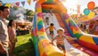 © Ksenia - Inflatable slide with children climbing and sliding beside parents at sunny festival