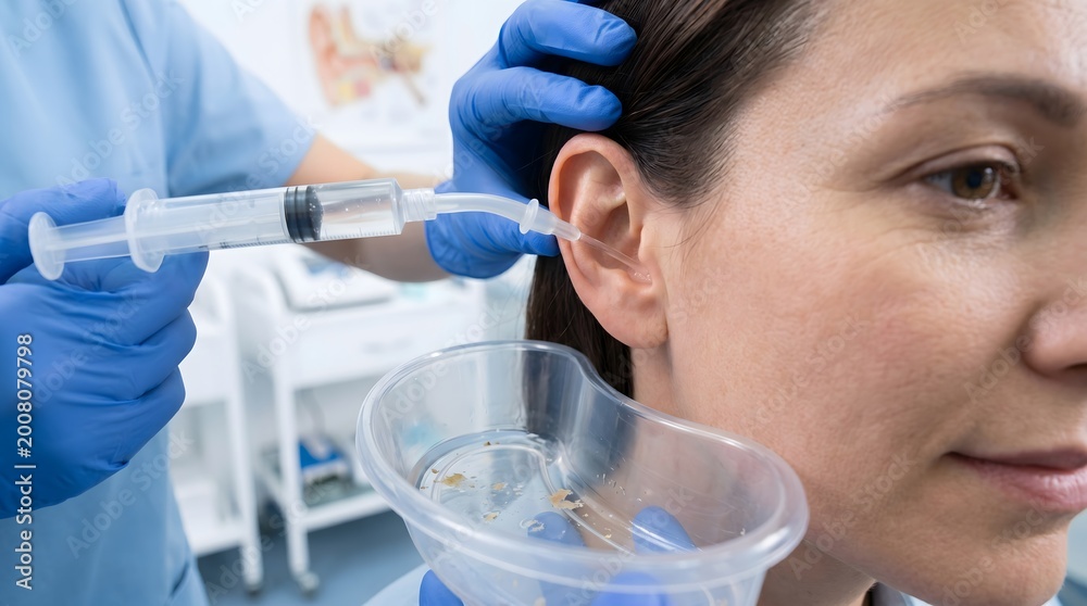 Ear irrigation procedure for earwax removal, doctor cleaning ear canal ...