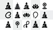 © Tuli - Collection of black buddhist icons and symbols buddha statues lotus flowers prayer beads and dharma wheels for spiritual and cultural concepts clean vector graphics on white