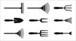 © vectors home - Gardening tools collection rakes shovels forks and cultivators in black silhouette