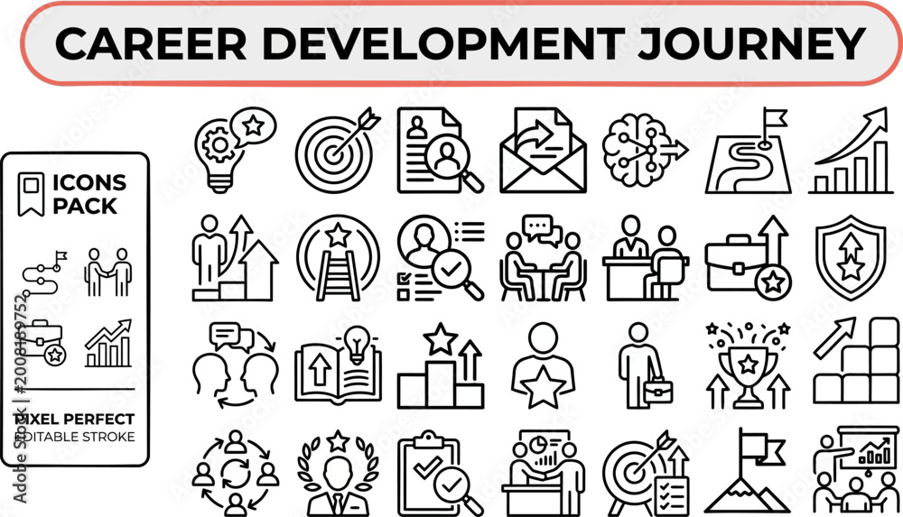 Career Development Journey outline icon set. Featuring growth ...