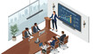 © Syartinolky | Pixels - Isometric business presentation featuring a female leader showing global growth strategy charts to a diverse team of workers in a modern office for empowerment concept