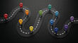 © MindsTock - Colorful 3D GPS location pins marking stops along winding road route for business roadmap journey planning navigation and multi step strategy concepts