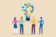 © BasobiBala - team brainstorming with lightbulb illustration colorful ideas and collaboration