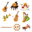 © Nima - A collection of detailed vector illustrations showing musical instruments combined with fast food items like burgers, fries, cheese, pickles, lettuce, and bacon on a white background.