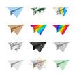 © Nima - Set of twelve different paper airplanes with various textures including world map, rainbow stripes, musical notes, architectural blueprint, newspaper, graph paper and lined paper.