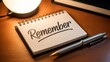 © Graphics_Bazaar - A Close-up of a Spiral Notebook with the Word 'Remember' Written on it, Accompanied by a Pen and a Lamp